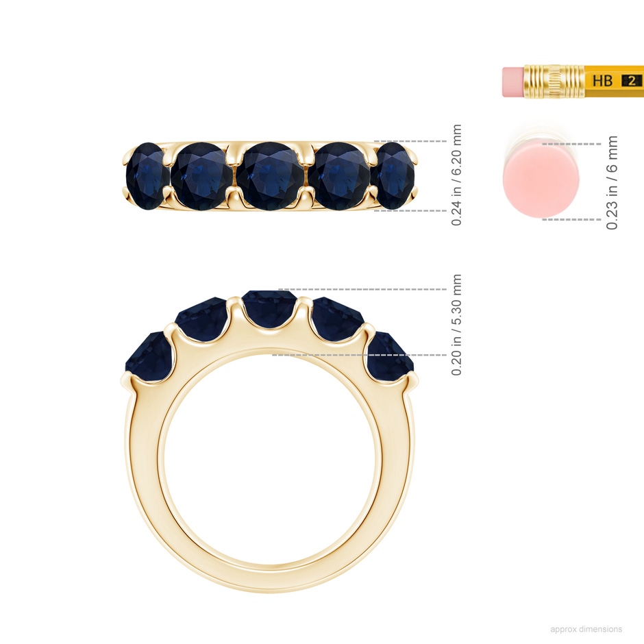 5.5mm A Shared Prong Set Half Eternity Sapphire Wedding Band in Yellow Gold ruler