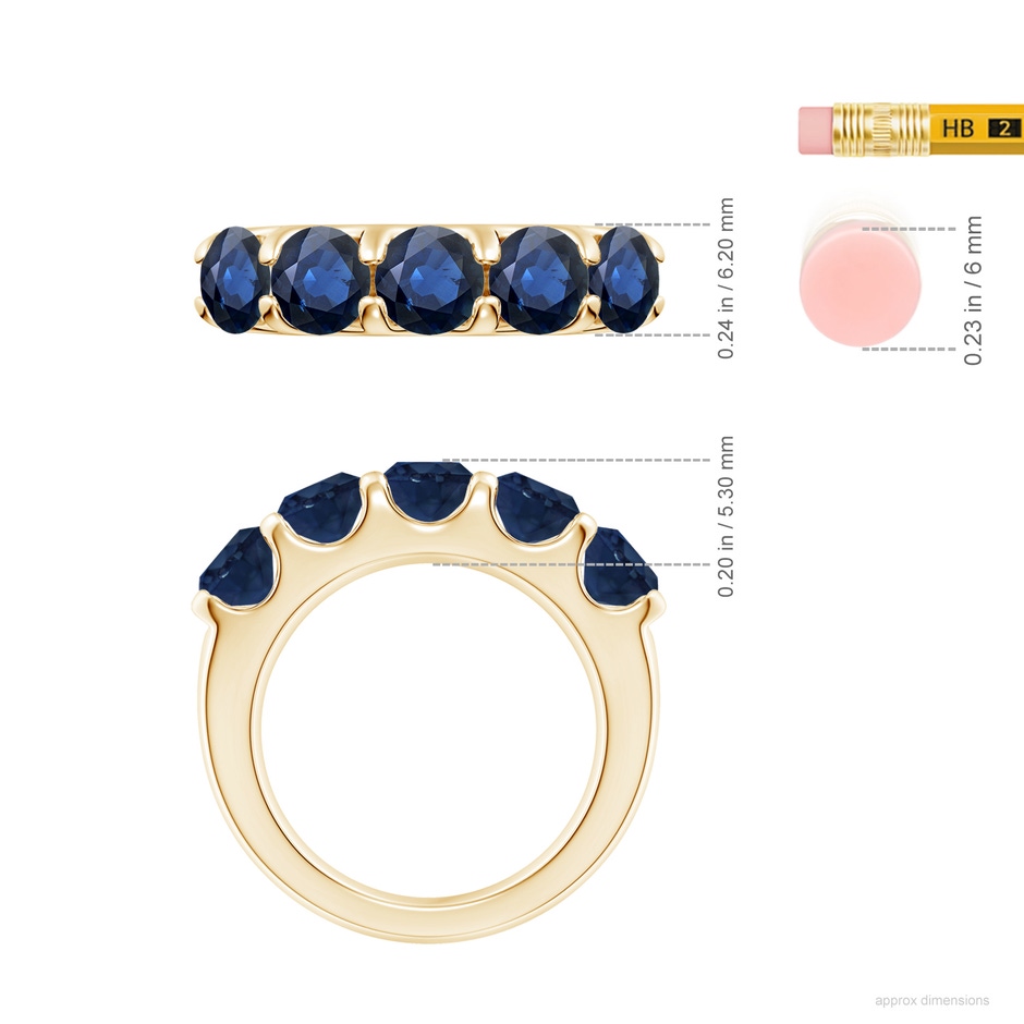 5.5mm AA Shared Prong Set Half Eternity Sapphire Wedding Band in Yellow Gold ruler