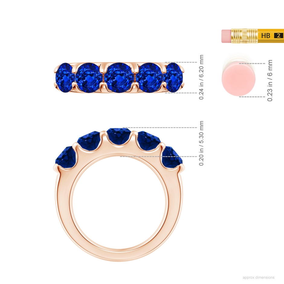 5.5mm AAAA Shared Prong Set Half Eternity Sapphire Wedding Band in Rose Gold ruler