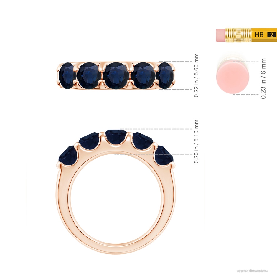 5mm A Shared Prong Set Half Eternity Sapphire Wedding Band in Rose Gold ruler