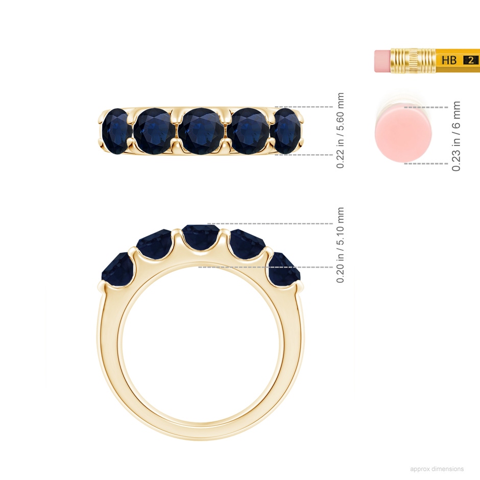 5mm A Shared Prong Set Half Eternity Sapphire Wedding Band in Yellow Gold ruler