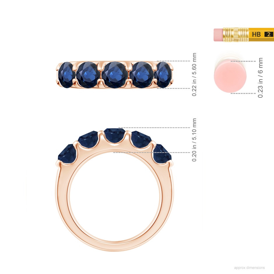 5mm AA Shared Prong Set Half Eternity Sapphire Wedding Band in Rose Gold ruler