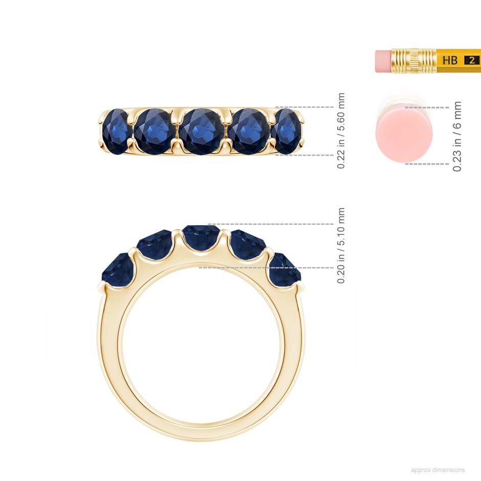 5mm AA Shared Prong Set Half Eternity Sapphire Wedding Band in Yellow Gold ruler
