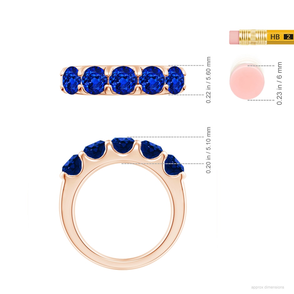 5mm AAAA Shared Prong Set Half Eternity Sapphire Wedding Band in Rose Gold ruler