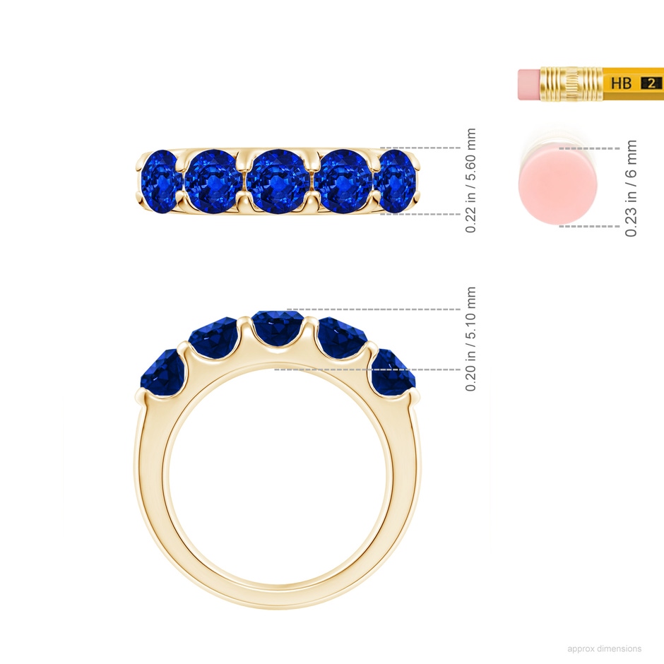 5mm Lab-Grown Shared Prong Set Half Eternity Sapphire Wedding Band in Yellow Gold ruler