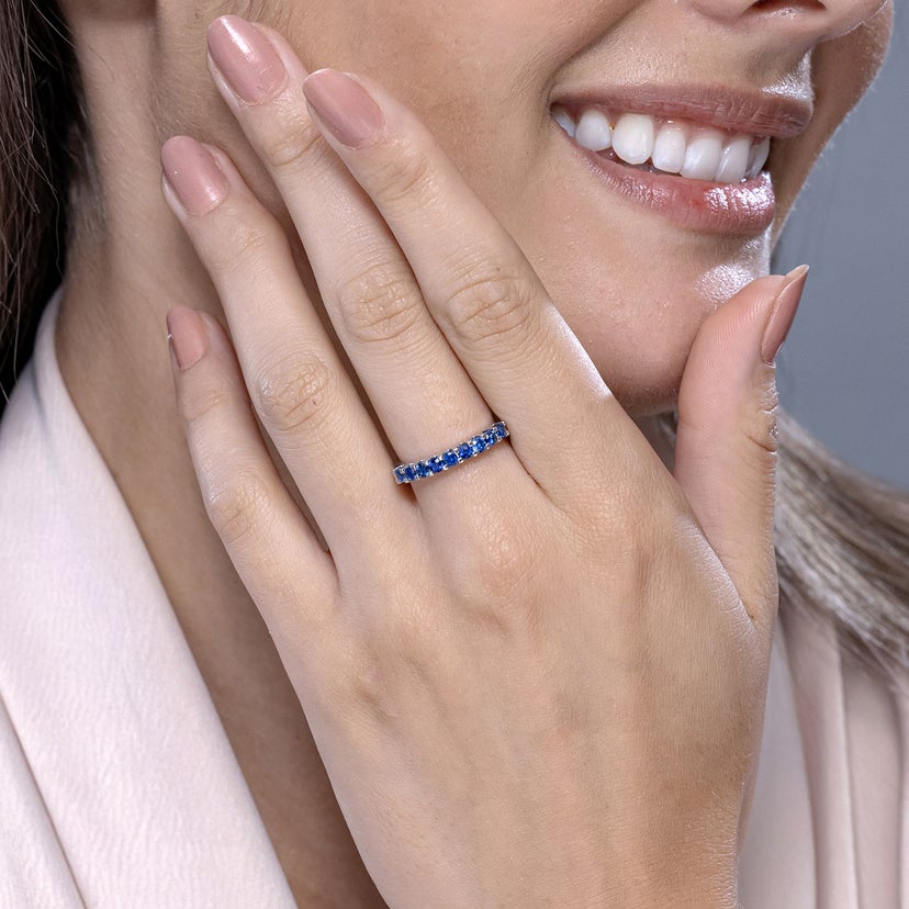 Shared Prong Set Half Eternity Sapphire Wedding Band