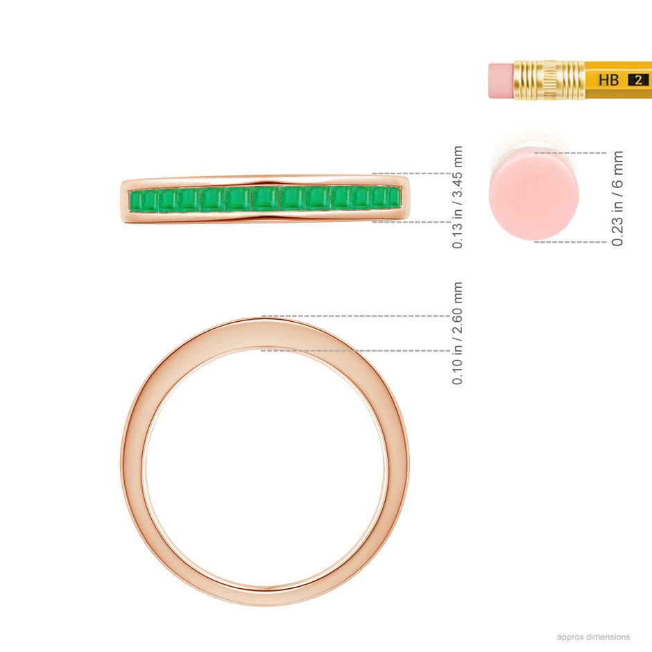 1.8mm A Channel Set Square Emerald Half Eternity Ring in Rose Gold ruler