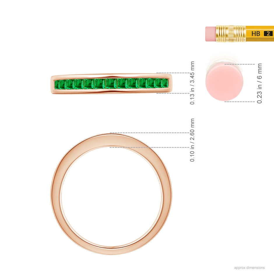 1.8mm AAA Channel Set Square Emerald Half Eternity Ring in Rose Gold ruler