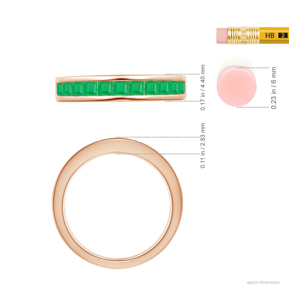 2.4mm A Channel Set Square Emerald Half Eternity Ring in 18K Rose Gold ruler