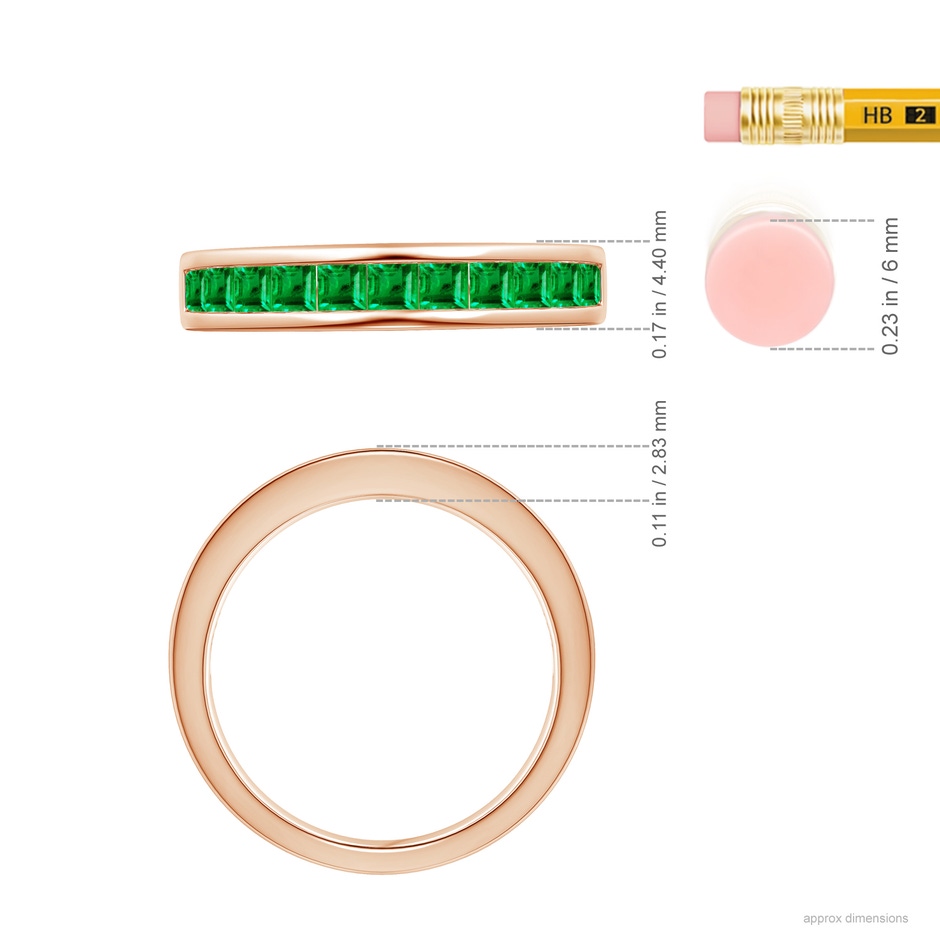 2.4mm AAA Channel Set Square Emerald Half Eternity Ring in Rose Gold ruler
