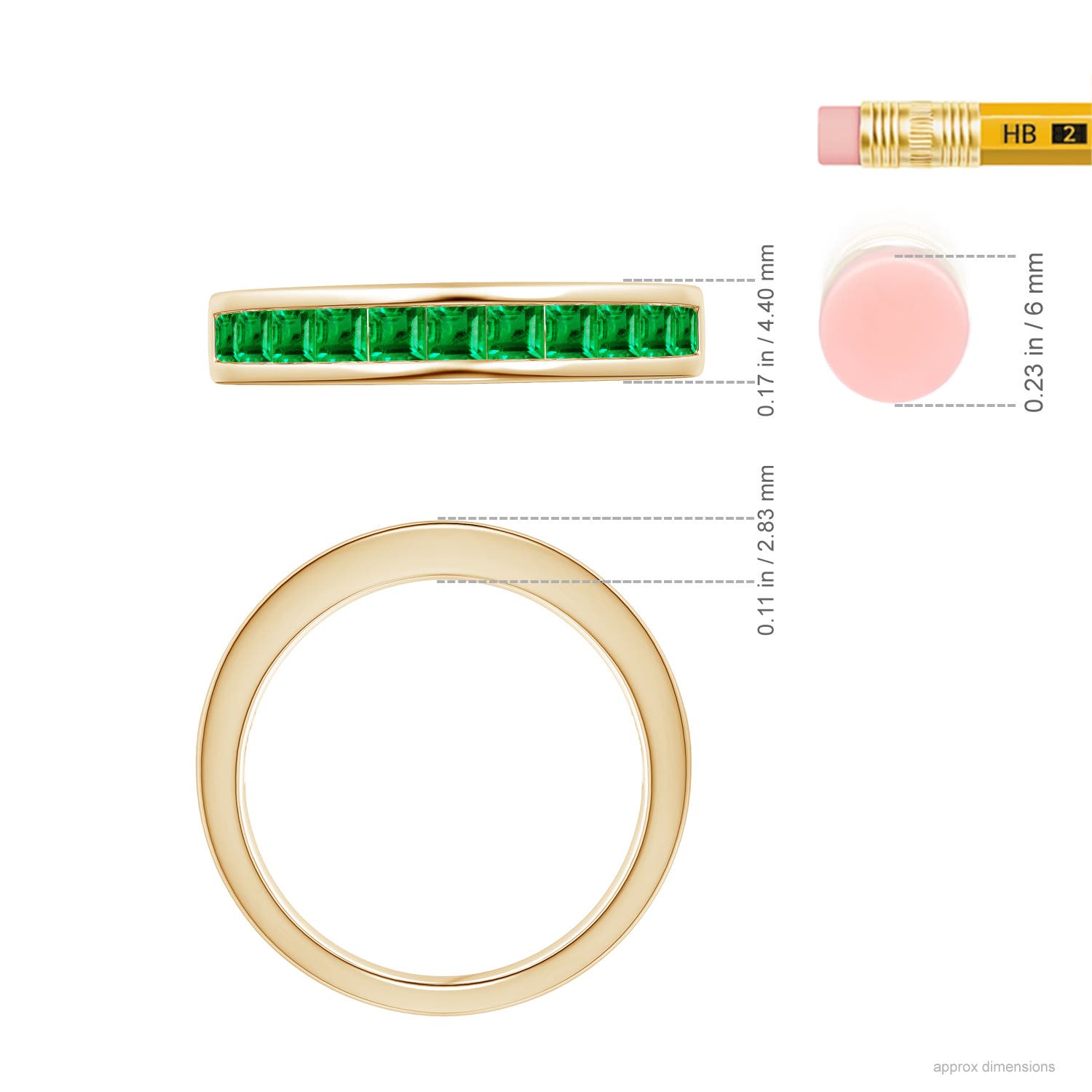 2.4mm AAA Channel Set Square Emerald Half Eternity Ring in Yellow Gold - ruler