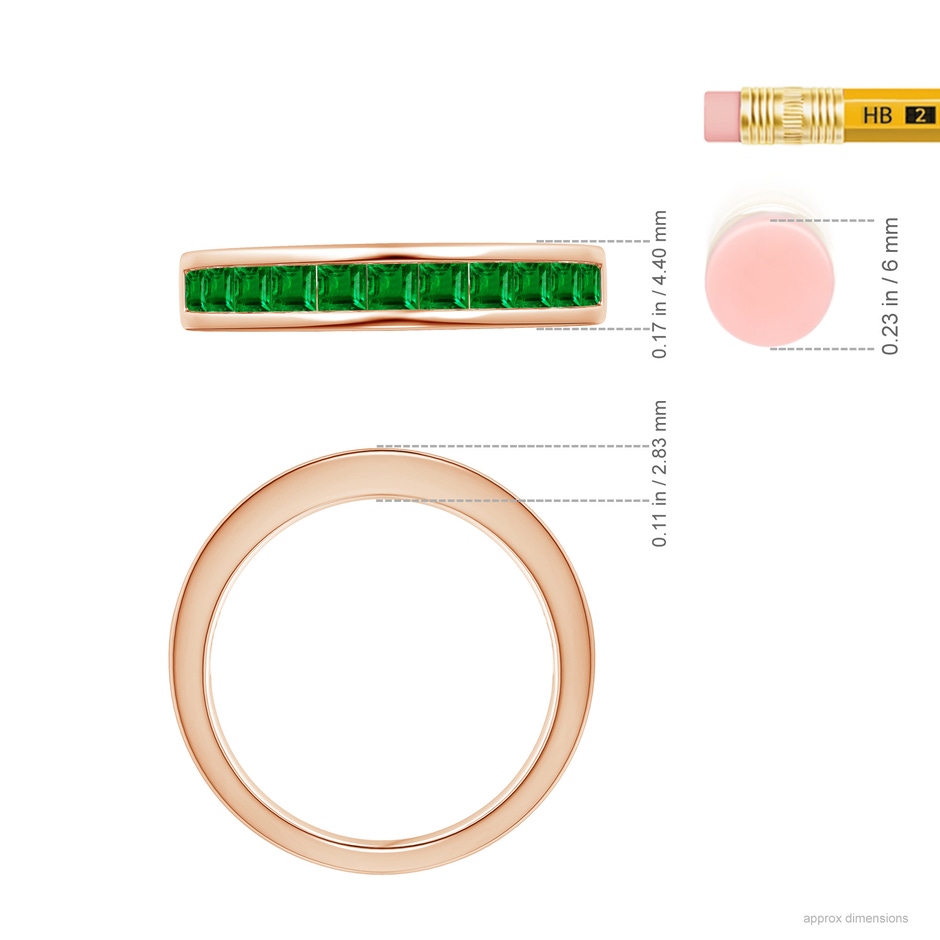 2.4mm AAAA Channel Set Square Emerald Half Eternity Ring in Rose Gold ruler