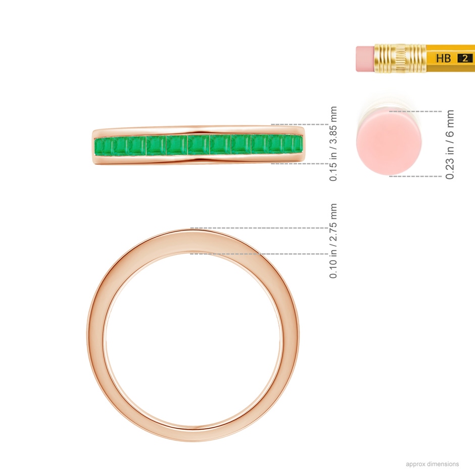 2mm A Channel Set Square Emerald Half Eternity Ring in Rose Gold ruler