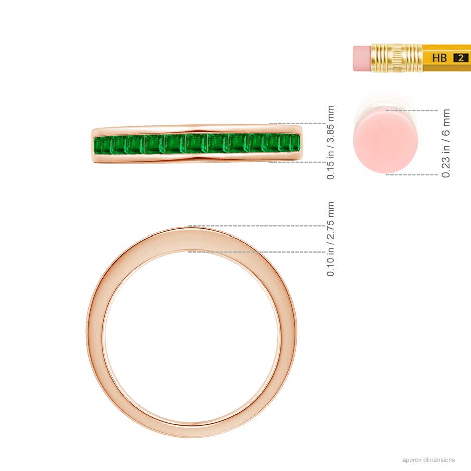 2mm AAAA Channel Set Square Emerald Half Eternity Ring in Rose Gold ruler