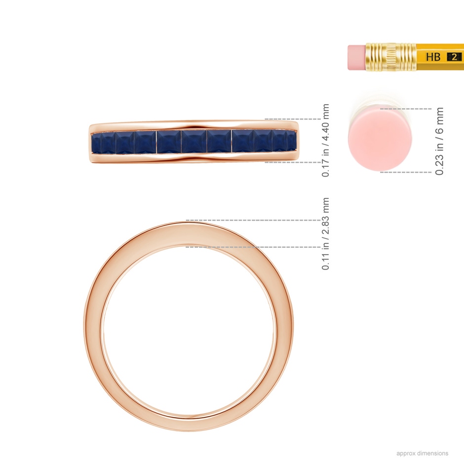 2.4mm A Channel Set Square Sapphire Half Eternity Ring in Rose Gold ruler