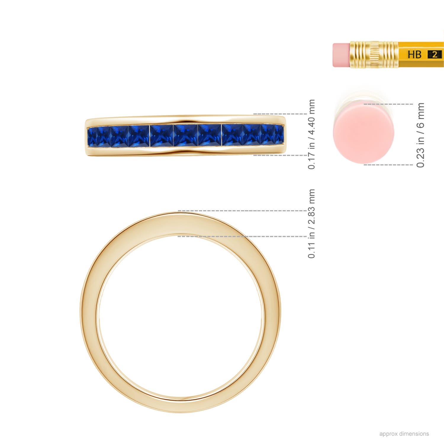 2.4mm AAAA Channel Set Square Sapphire Half Eternity Ring in Yellow Gold - ruler
