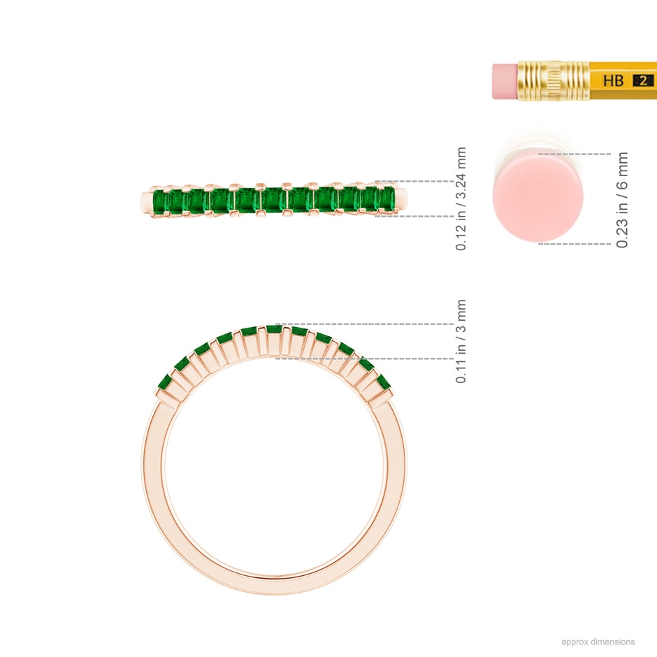 1.9mm AAAA Square Emerald Semi Eternity Classic Wedding Ring in Rose Gold ruler