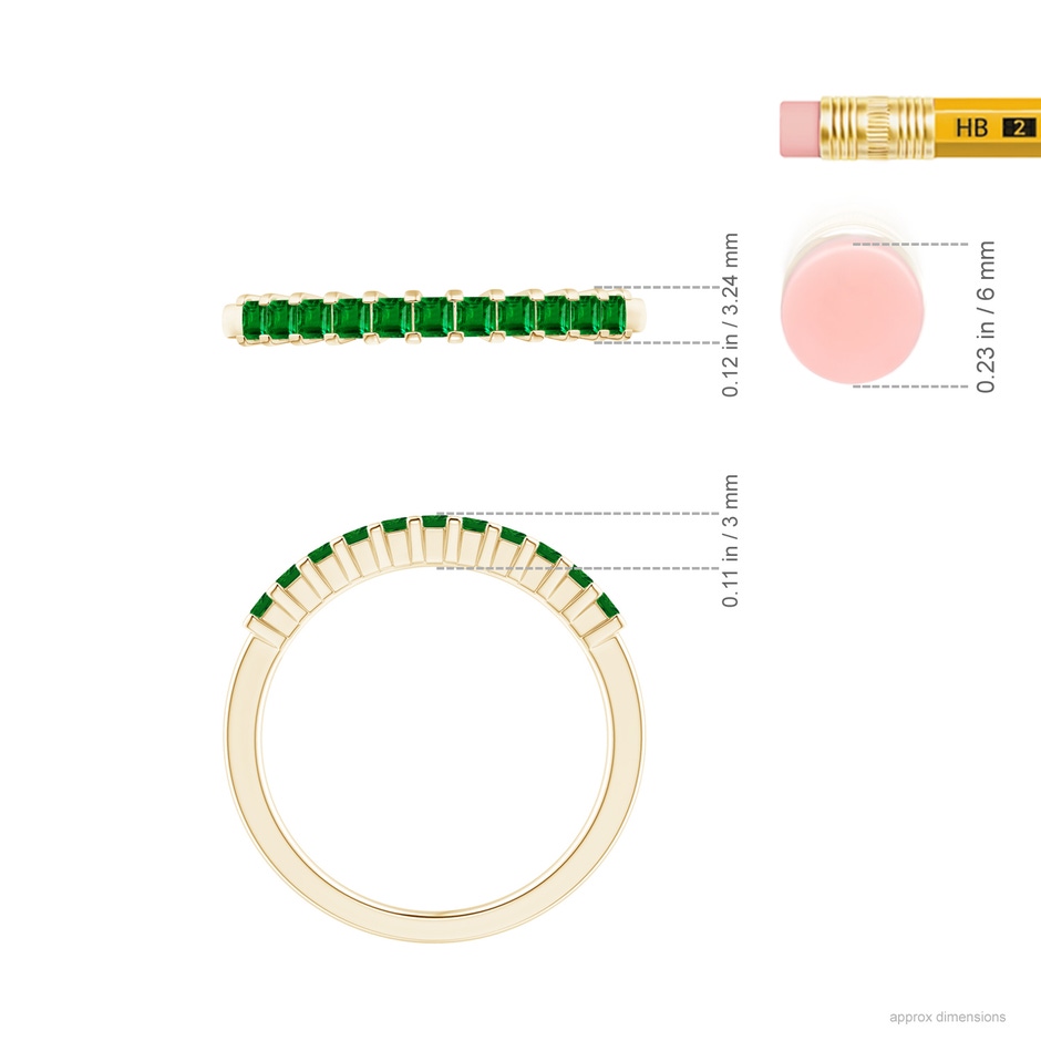 1.9mm AAAA Square Emerald Semi Eternity Classic Wedding Ring in Yellow Gold ruler