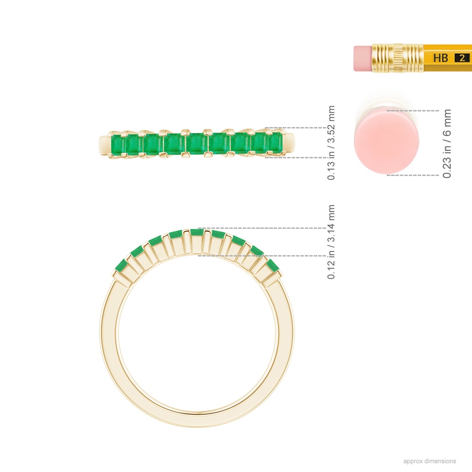 2.2mm A Square Emerald Semi Eternity Classic Wedding Ring in 18K Yellow Gold ruler