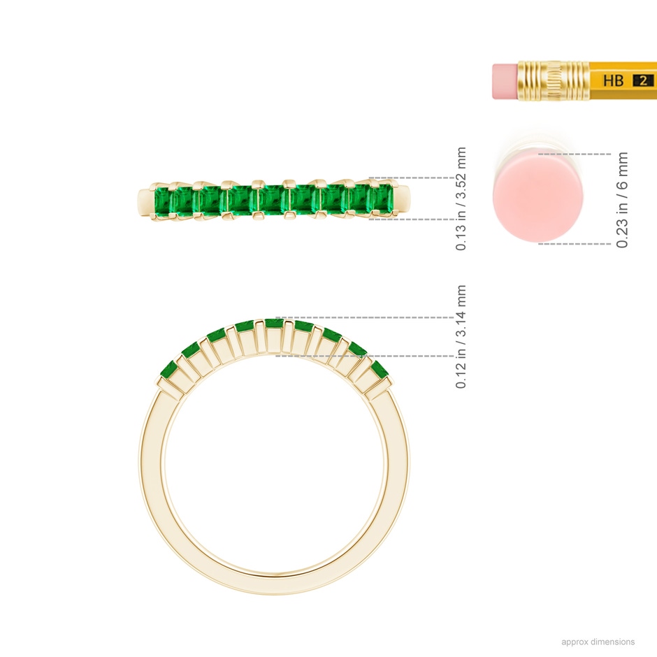 2.2mm AAA Square Emerald Semi Eternity Classic Wedding Ring in Yellow Gold ruler