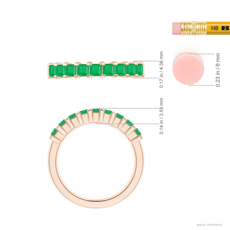 2.6mm A Square Emerald Semi Eternity Classic Wedding Ring in Rose Gold ruler