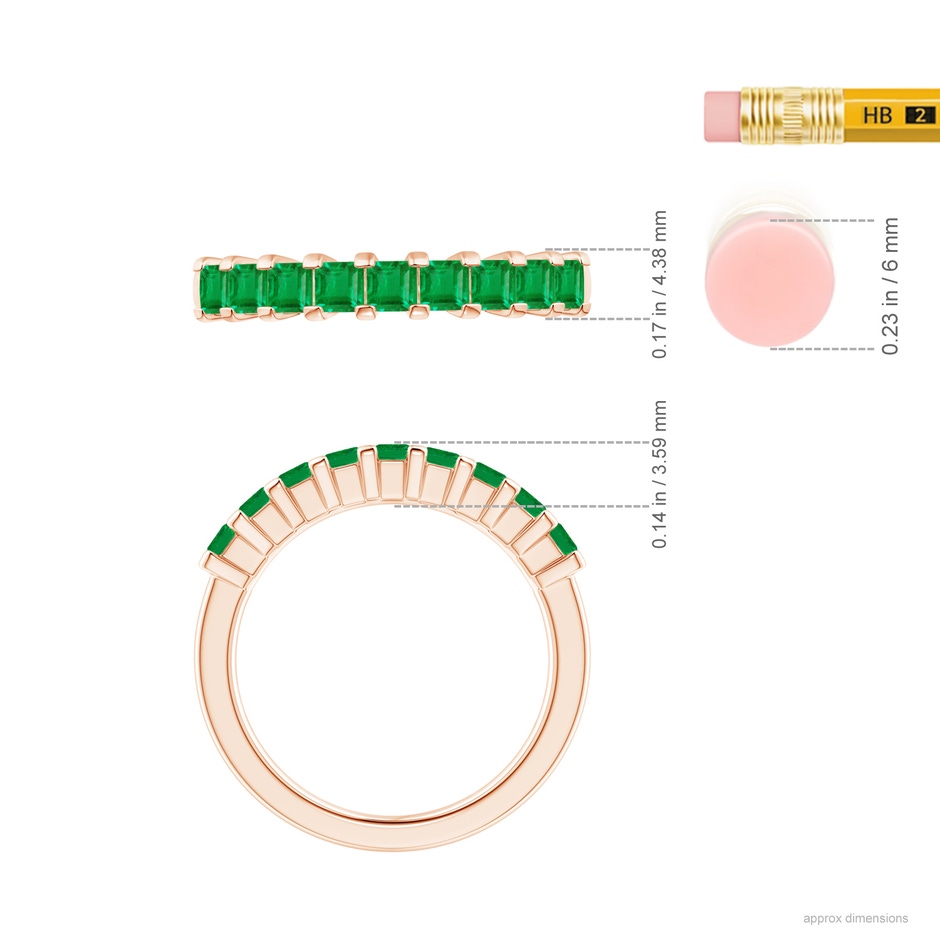 2.6mm AA Square Emerald Semi Eternity Classic Wedding Ring in Rose Gold ruler
