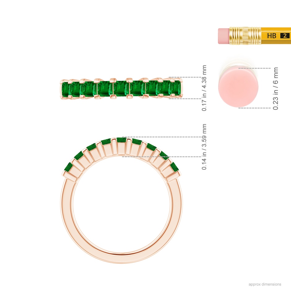 2.6mm AAAA Square Emerald Semi Eternity Classic Wedding Ring in Rose Gold ruler
