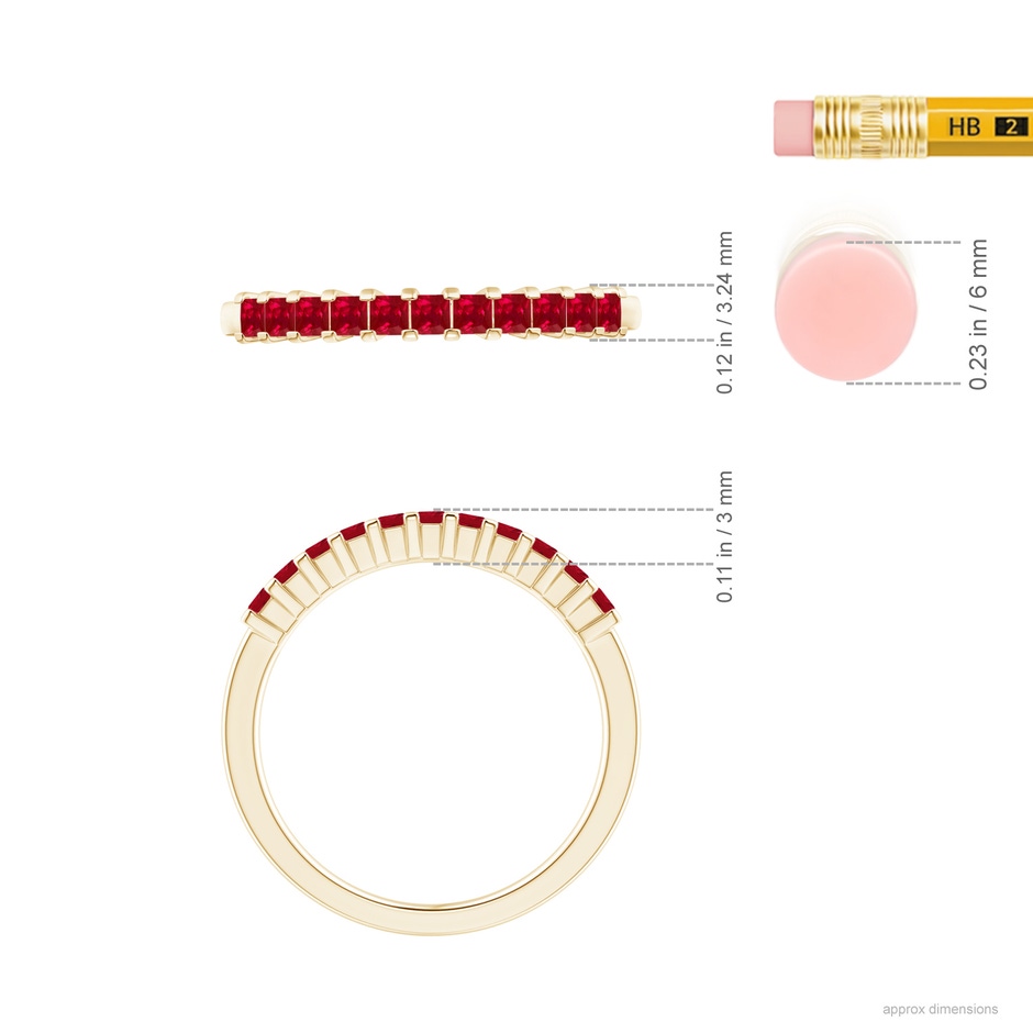 1.9mm AAA Square Ruby Semi Eternity Classic Wedding Ring in 18K Yellow Gold ruler