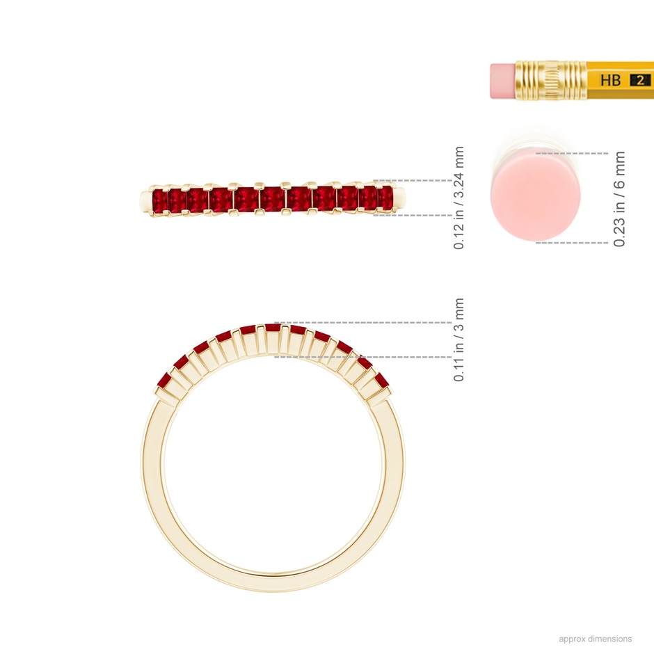 1.9mm AAAA Square Ruby Semi Eternity Classic Wedding Ring in Yellow Gold ruler