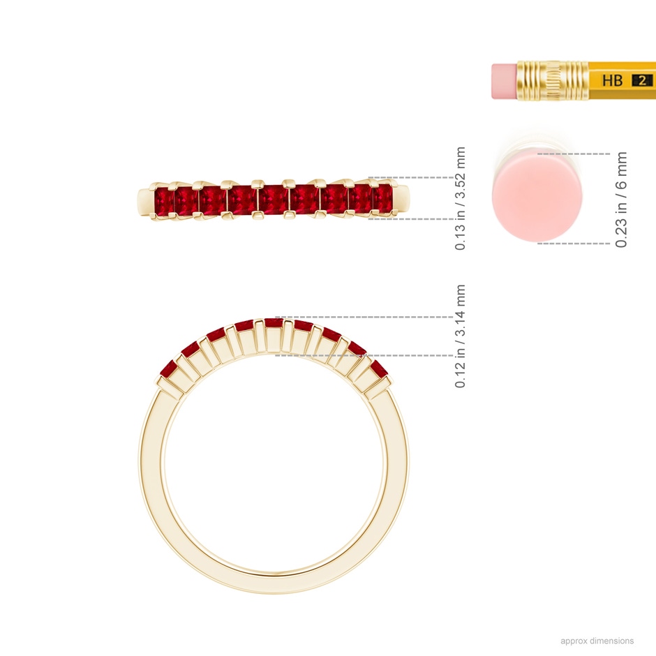 2.2mm AAAA Square Ruby Semi Eternity Classic Wedding Ring in Yellow Gold ruler