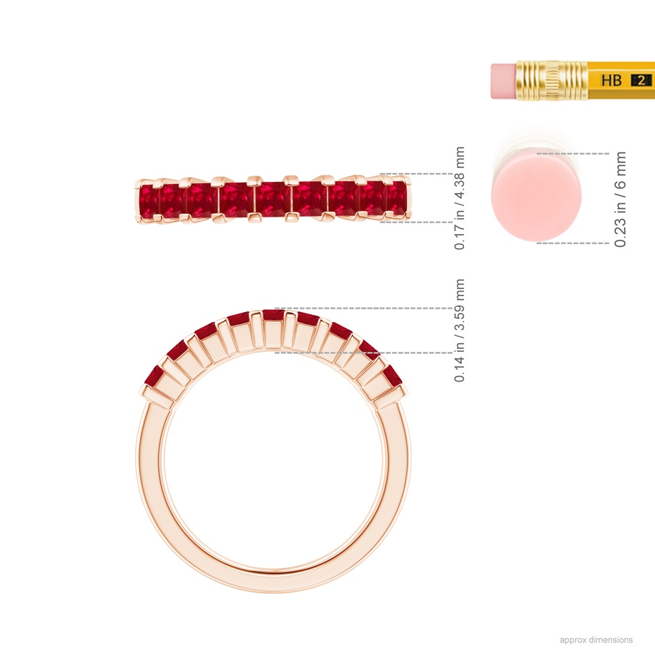 2.6mm AAA Square Ruby Semi Eternity Classic Wedding Ring in 18K Rose Gold ruler