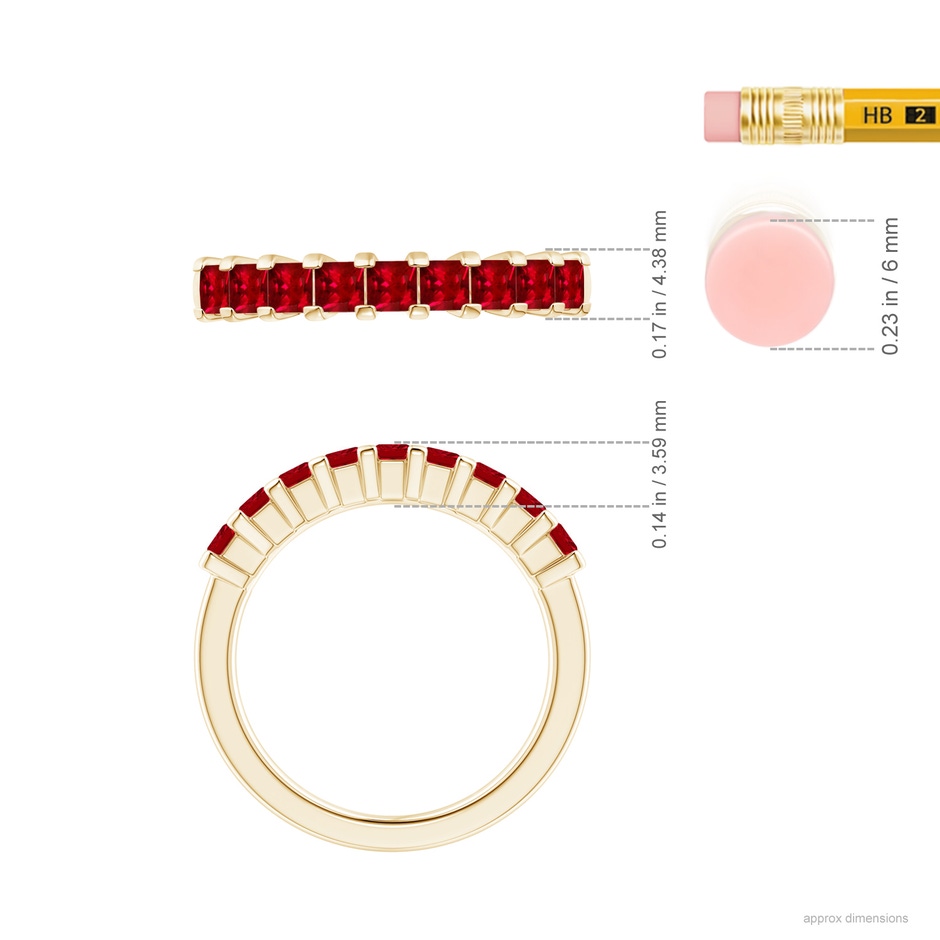 2.6mm AAAA Square Ruby Semi Eternity Classic Wedding Ring in 18K Yellow Gold ruler