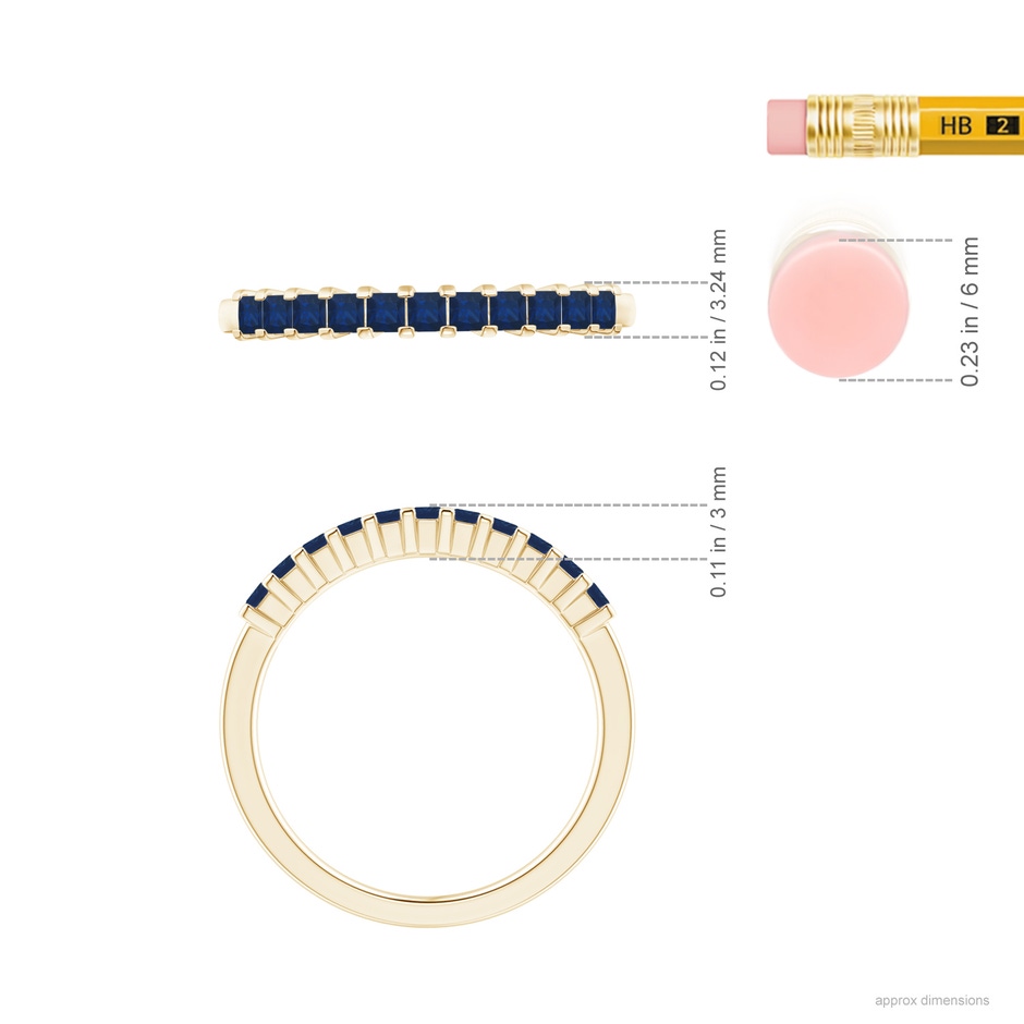 1.9mm AA Square Blue Sapphire Semi Eternity Classic Wedding Ring in Yellow Gold ruler