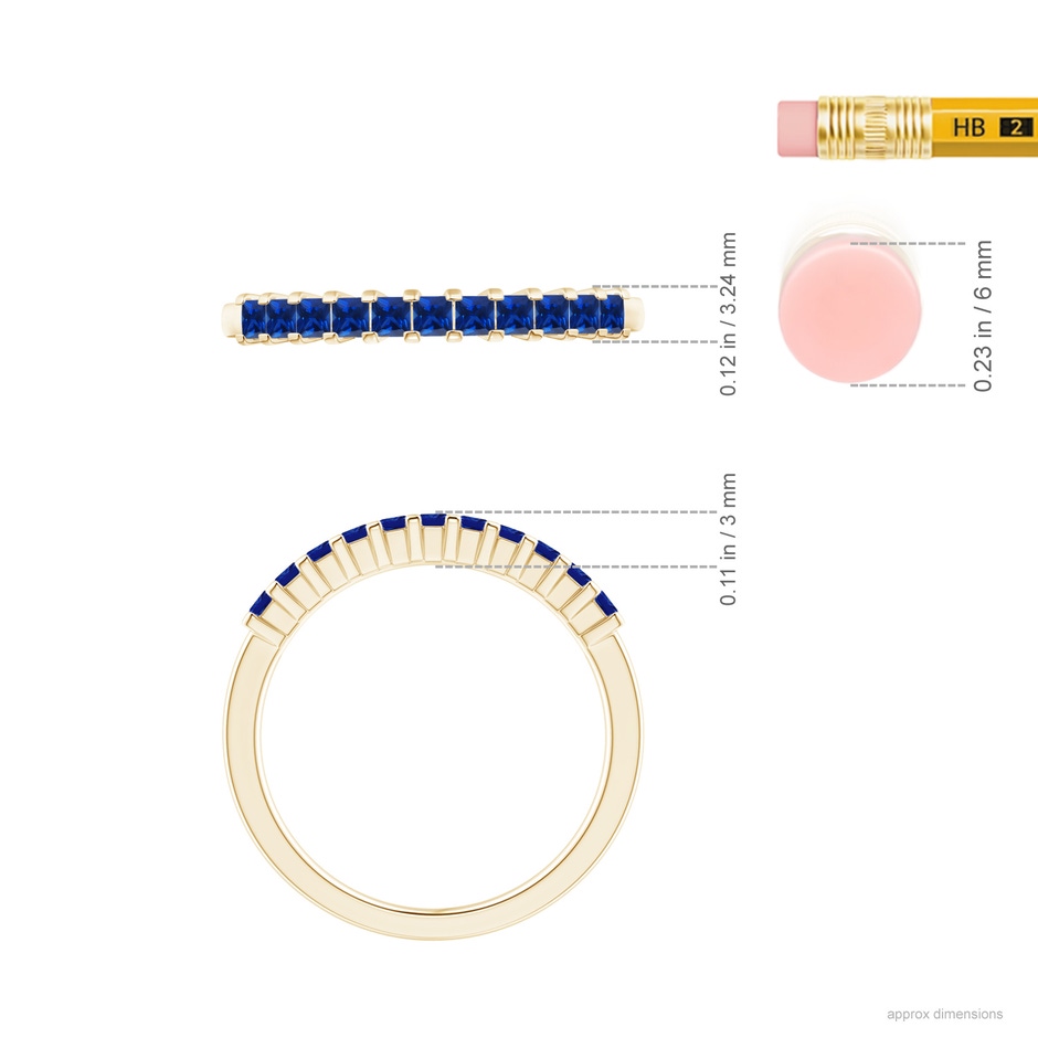 1.9mm AAAA Square Blue Sapphire Semi Eternity Classic Wedding Ring in Yellow Gold ruler