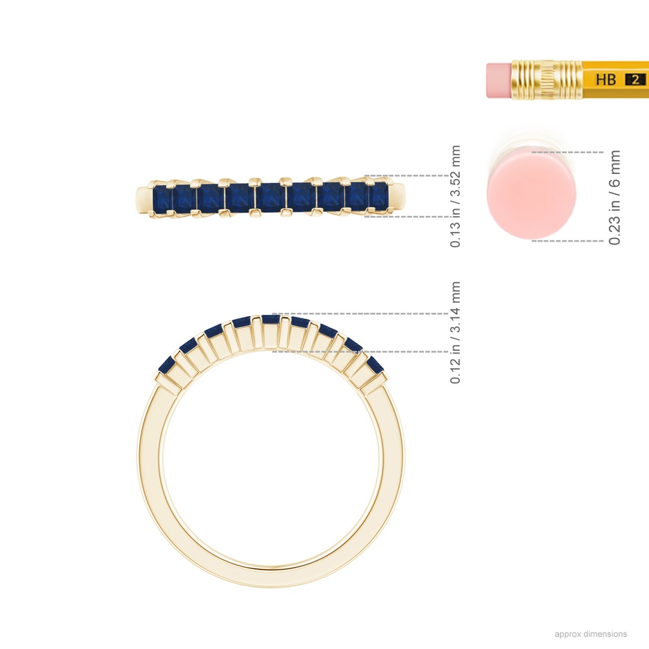2.2mm AA Square Blue Sapphire Semi Eternity Classic Wedding Ring in Yellow Gold ruler