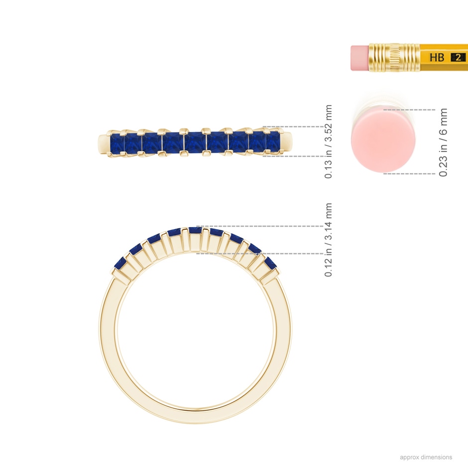 2.2mm AAA Square Blue Sapphire Semi Eternity Classic Wedding Ring in Yellow Gold ruler