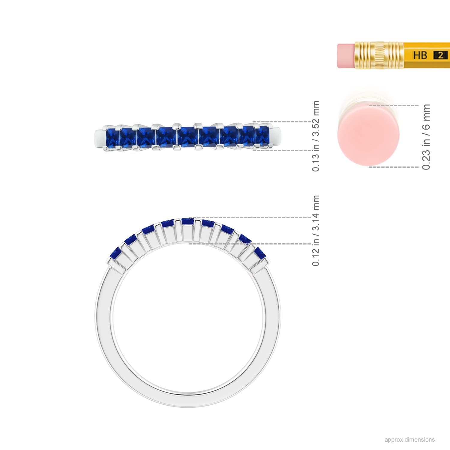 2.2mm AAAA Square Blue Sapphire Semi Eternity Classic Wedding Ring in 18CT White Gold - ruler