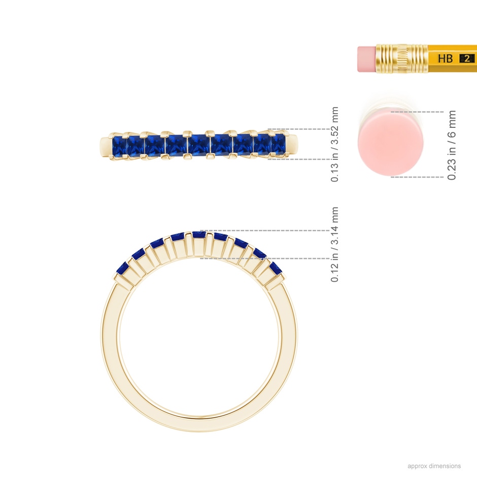 2.2mm AAAA Square Blue Sapphire Semi Eternity Classic Wedding Ring in Yellow Gold ruler
