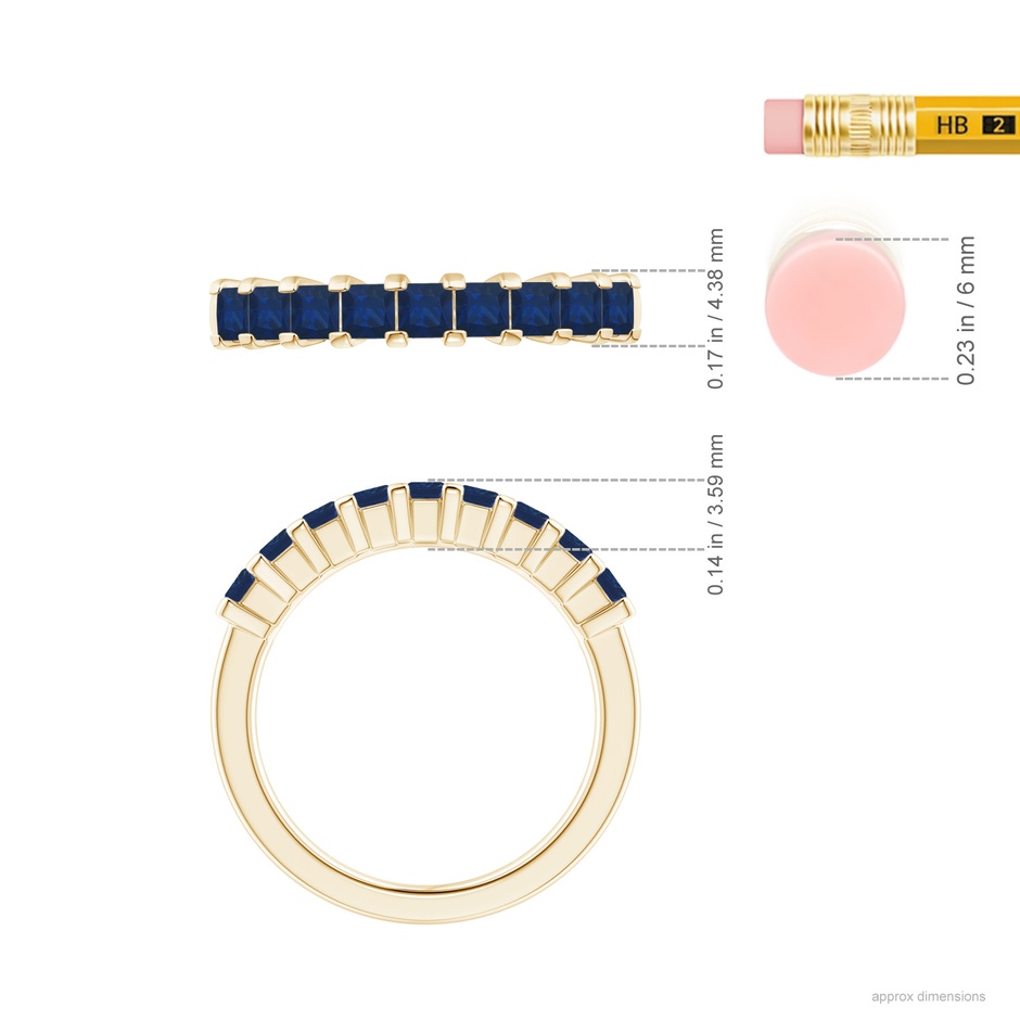 2.6mm AA Square Blue Sapphire Semi Eternity Classic Wedding Ring in Yellow Gold ruler