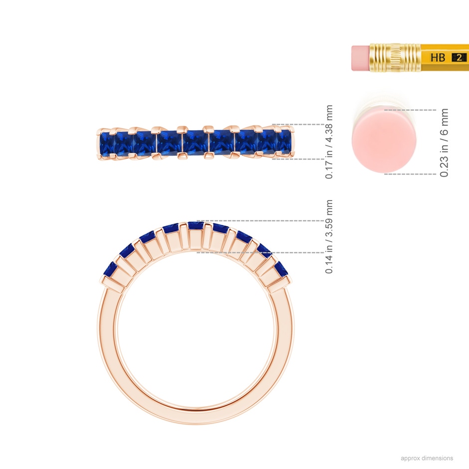 2.6mm AAAA Square Blue Sapphire Semi Eternity Classic Wedding Ring in 18K Rose Gold ruler