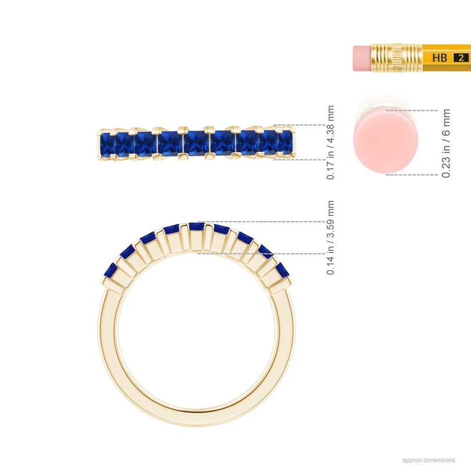 2.6mm AAAA Square Blue Sapphire Semi Eternity Classic Wedding Ring in Yellow Gold ruler