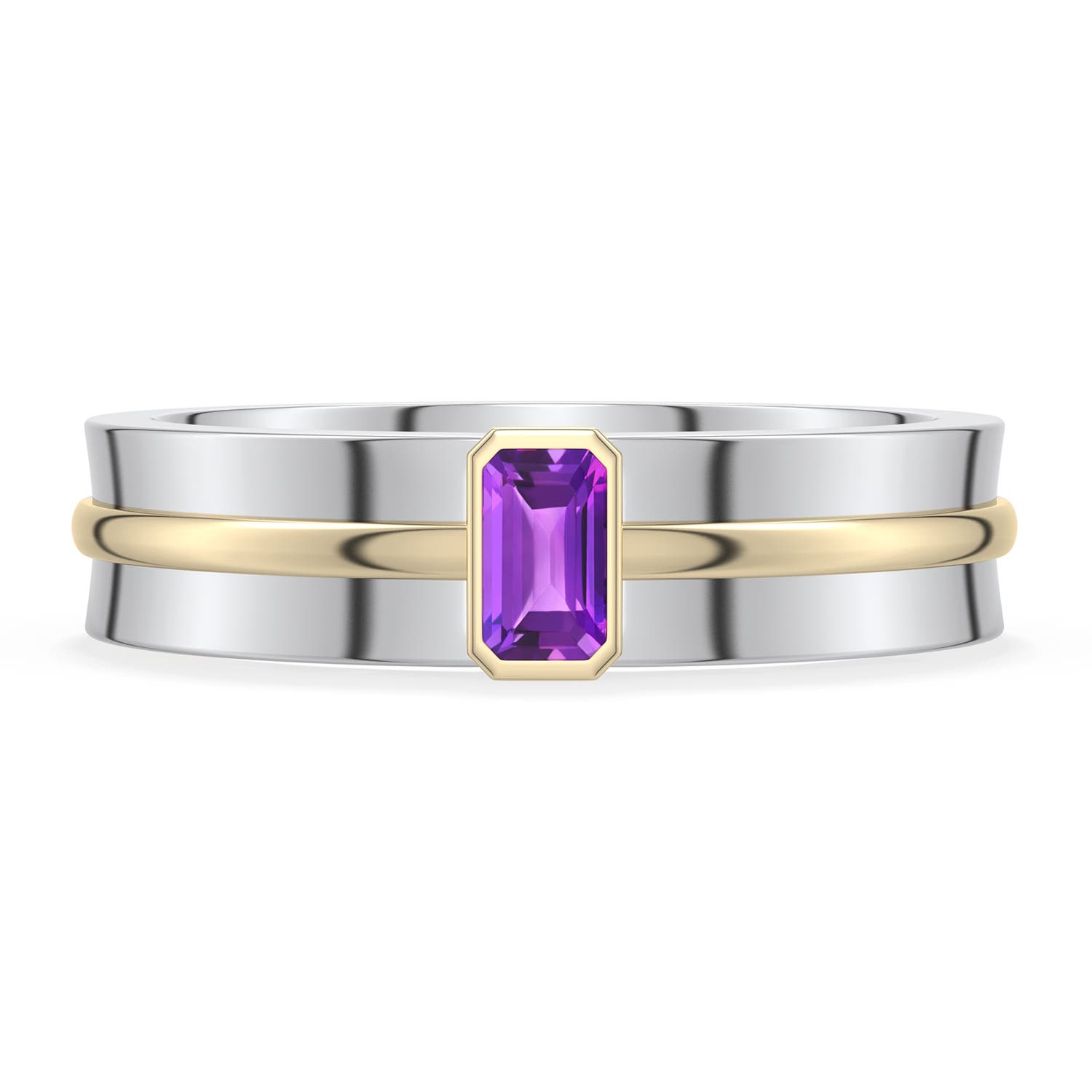 6.3 5x3mm AAA Sterling Silver and 18K Yellow Gold Emerald-Cut Amethyst Men's Ring in 999-18K Mixed Metal - main