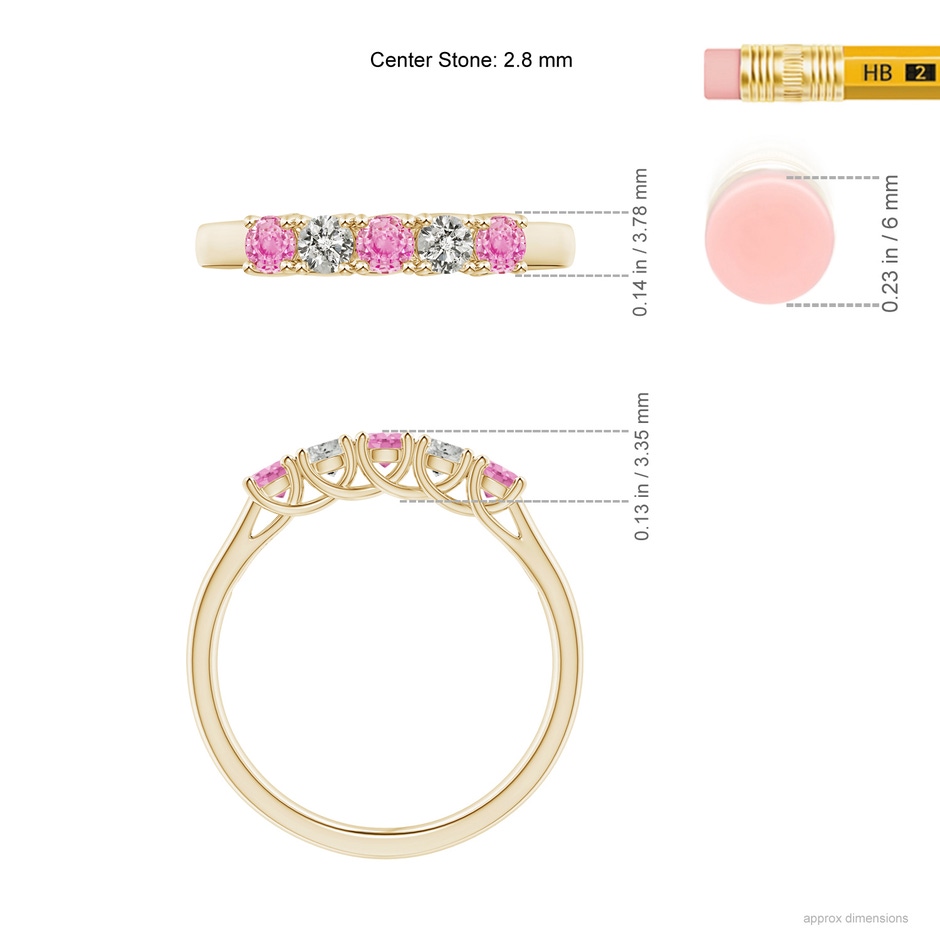 2.8mm A Half Eternity 5 Stone Pink Sapphire & Diamond Wedding Ring in Yellow Gold ruler
