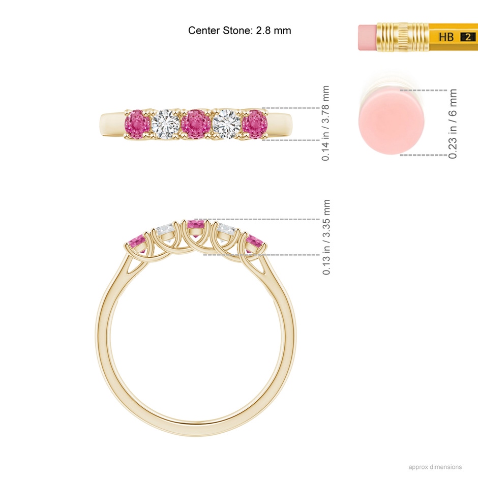 2.8mm AAA Half Eternity 5 Stone Pink Sapphire & Diamond Wedding Ring in Yellow Gold ruler