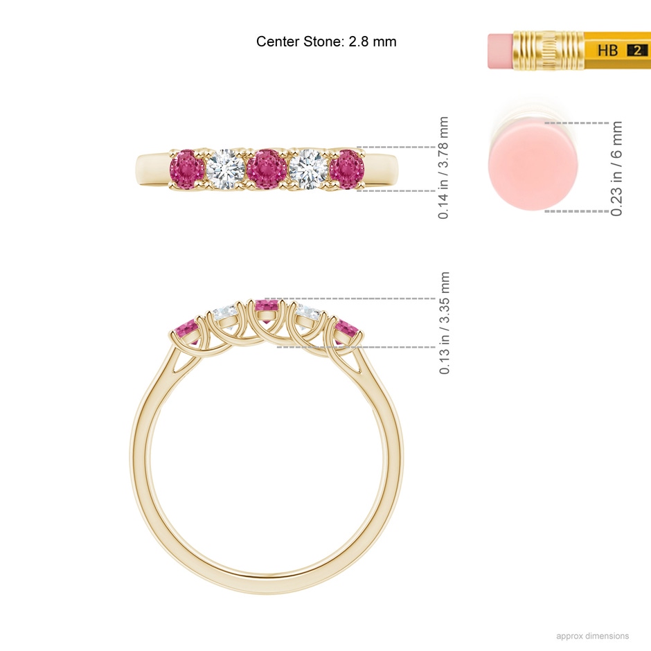 2.8mm AAAA Half Eternity 5 Stone Pink Sapphire & Diamond Wedding Ring in Yellow Gold ruler