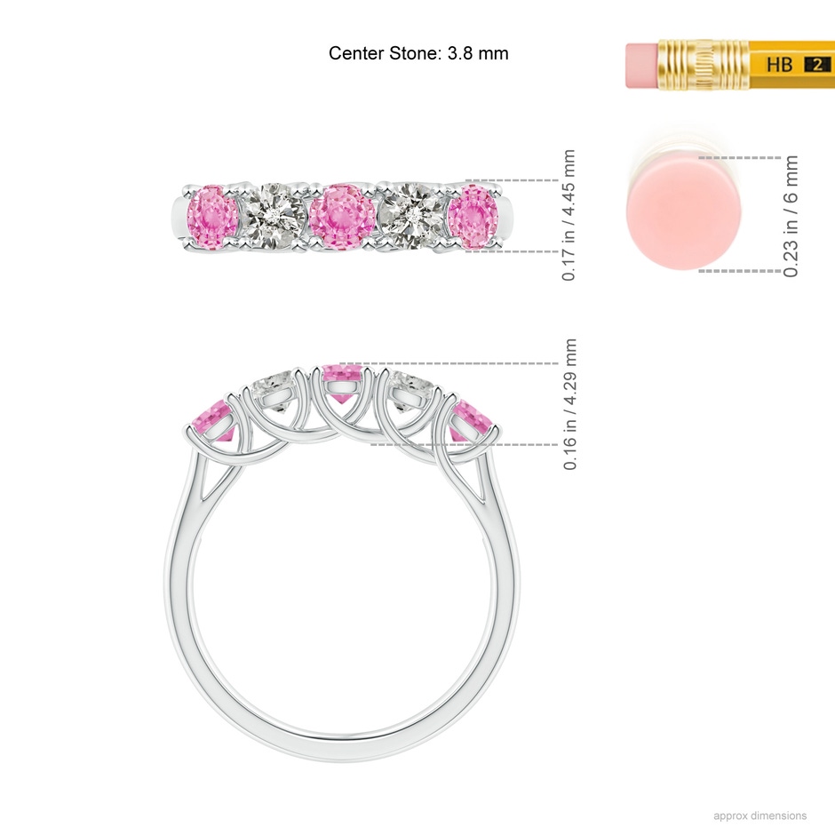 3.8mm A Half Eternity 5 Stone Pink Sapphire & Diamond Wedding Ring in White Gold ruler