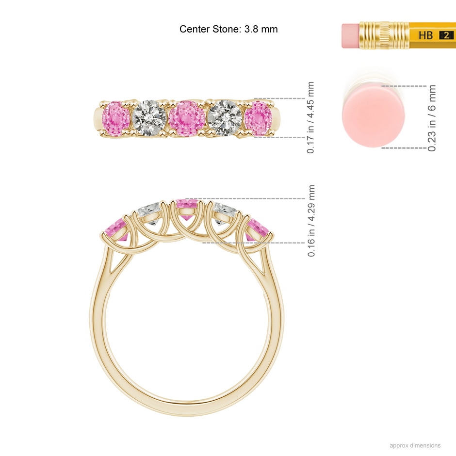 3.8mm A Half Eternity 5 Stone Pink Sapphire & Diamond Wedding Ring in Yellow Gold ruler