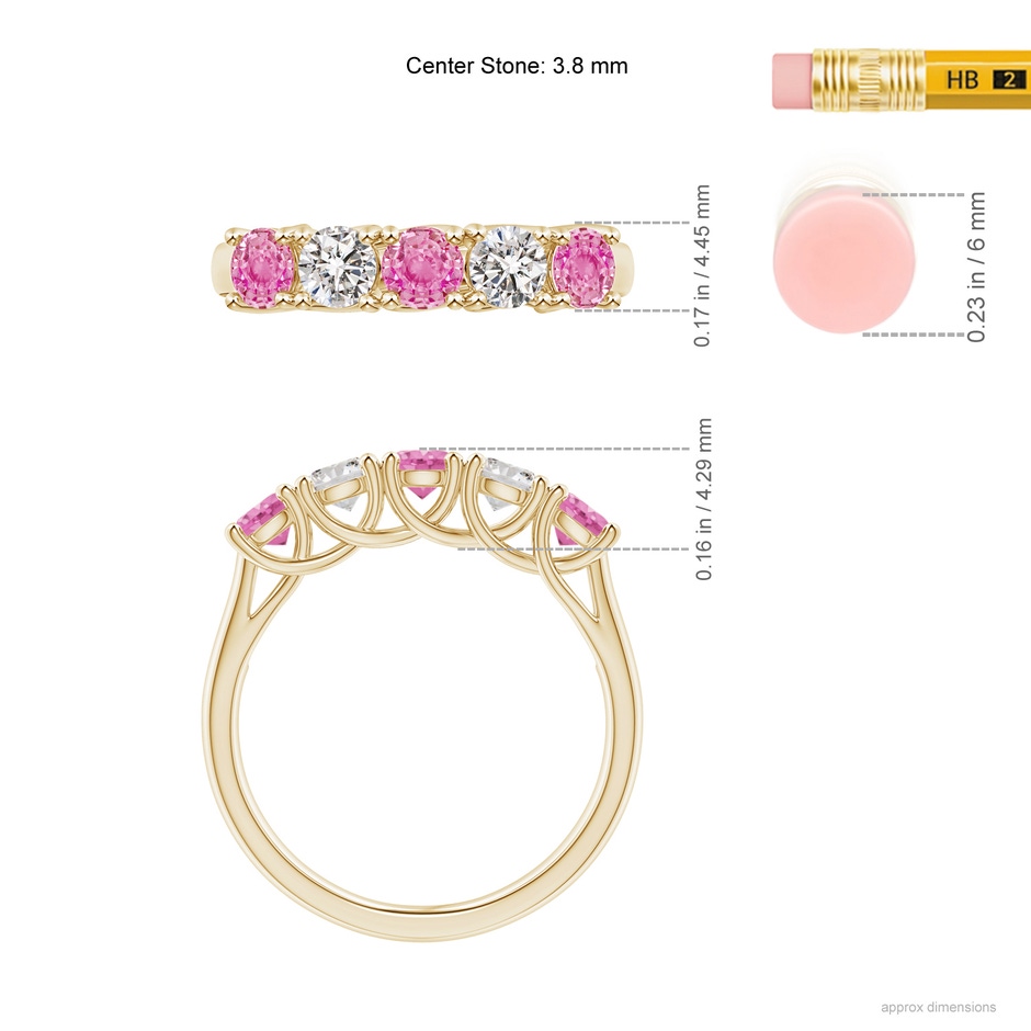 3.8mm AA Half Eternity 5 Stone Pink Sapphire & Diamond Wedding Ring in Yellow Gold ruler