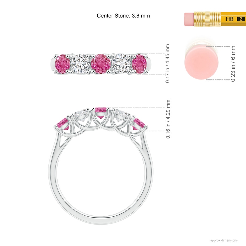 3.8mm AAA Half Eternity 5 Stone Pink Sapphire & Diamond Wedding Ring in White Gold ruler