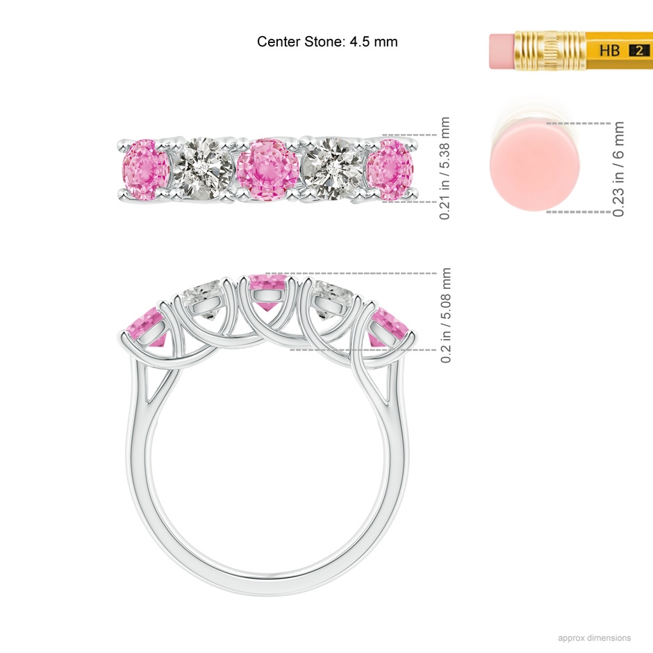 4.5mm A Half Eternity 5 Stone Pink Sapphire & Diamond Wedding Ring in White Gold ruler